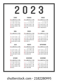 Calendar of 2023 in Spanish. The days of the week are at the top, week start Sunday. Vector illustration