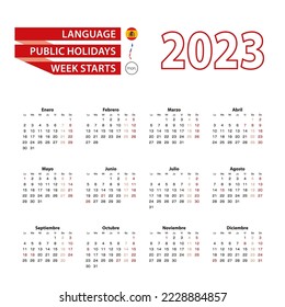 Calendar 2023 in Spanish language with public holidays the country of Chile in year 2023. Week starts from Monday. Vector Illustration.