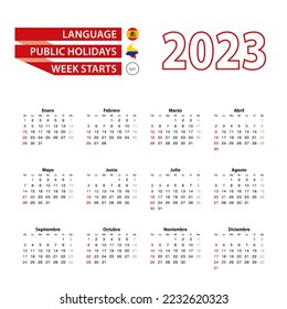 Calendar 2023 in Spanish language with public holidays the country of Colombia in year 2023. Week starts from Sunday Vector Illustration.