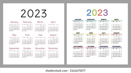 Calendario 2023. Plantilla de diseño de calénder de vector cuadrado. Colorido conjunto inglés. Enero, febrero, marzo, abril, mayo, junio, julio, agosto, septiembre, octubre, noviembre, diciembre
