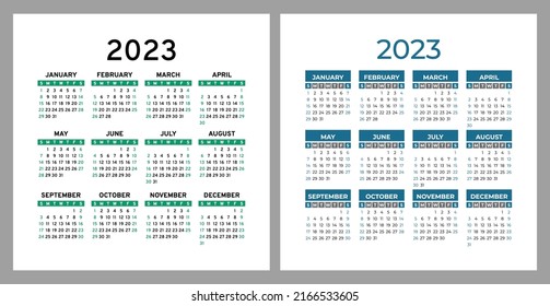 Calendario 2023. Plantilla de diseño de calénder de vector cuadrado. Juego de palabras en inglés. La semana comienza el domingo. Año nuevo. Enero, febrero, marzo, abril, mayo, junio, julio, agosto, septiembre, octubre, noviembre, diciembre