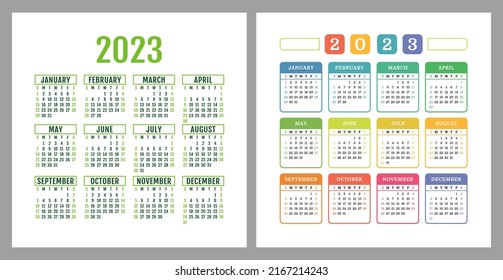 Calendar 2023. Square vector calender design template. English colorful set. Week starts on Sunday. New year. January, February, March, April, May, June, July, August, September, October, November