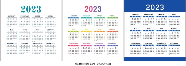 Calendar 2023. Square vector calender design template. English color set. Week starts on Sunday. January, February, March, April, May, June, July, August, September, October, November, December