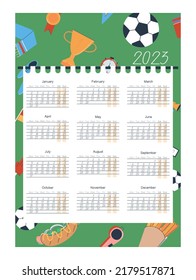 Calendar for 2023. Start of the week from Monday. Saturday and Sunday are highlighted in red. Background football theme - balls, cup, pennant and more. Flat vector illustration, eps10