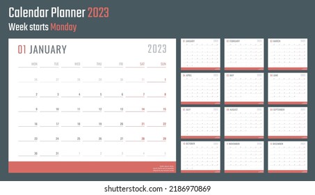 calendar for 2023 starts monday, vector calendar design 2023 year