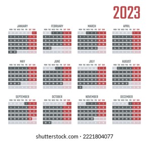 calendar for 2023 starts monday, vector calendar design 2023 year