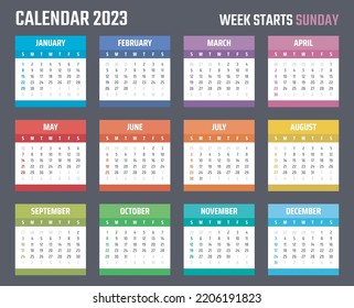 calendar for 2023 starts sunday, vector calendar design 2023 year