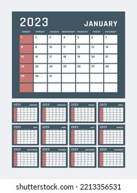 calendar for 2023 starts sunday, vector calendar design 2023 year