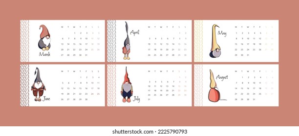Calendario para los meses de verano y primavera de 2023 con enanos vectores de dibujos animados. Poligrafía de calendarios.