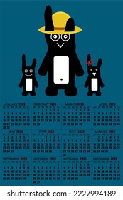 Calendar for 2023 with symbol of chinese new year. Calendar with rabbit. 