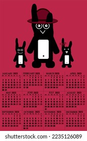 Calendar for 2023 with symbol of chinese new year. Calendar with rabbit. Viva magenta template cover calendar 2023 new year.