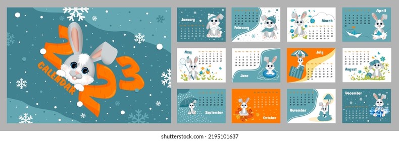 Calendar 2023 with symbol of the year hare (rabbit).. Week starts on Sunday.  Set of 12 pages and cover in size A3, A4, A5. Vector illustration in horizontal format.