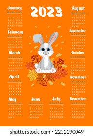 Calendar 2023 with symbol of the year hare (rabbit). Week starts on Monday. Vector illustration in vertical format A4.