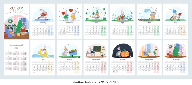 Calendar for 2023. Symbol of the year Rabbit in various scenes from life. Start of the week from Monday. Saturday and Sunday highlighted. Page with a calendar for 2024. Flat vector illustration. Eps10