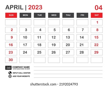 Calendar 2023 template, April 2023 layout, Desk calendar 2023 year, Wall calendar design, Week starts on sunday, Planner, Printing media, poster, organizer, advertisement, Red background, vector