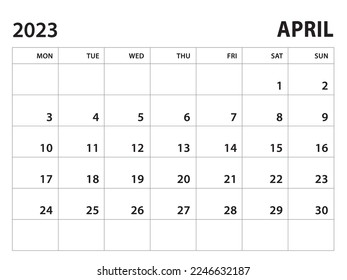 Calendar 2023 template - April 2023 vector on white background, week start on monday, Desk calendar 2023 year, Wall calendar design, corporate planner template, clean style, horizontal template