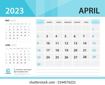 Calendar 2023 template, April 2023 year, Desk Calendar 2023 template, Week Start On Sunday, Wall calendar design, Planner layout, Stationery, Poster, printing media, Blue background vector