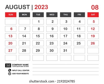 Calendar 2023 template, August 2023 layout, Desk calendar 2023 year, Wall calendar design, Week starts on sunday, Planner, Printing media, poster, organizer, advertisement, Red background, vector