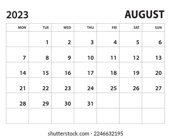 Plantilla Calendario 2023 - Agosto de 2023 vector sobre fondo blanco, semana de inicio el lunes, calendario de escritorio 2023 año, diseño de calendario de pared, plantilla de planificador corporativo, estilo limpio, plantilla horizontal