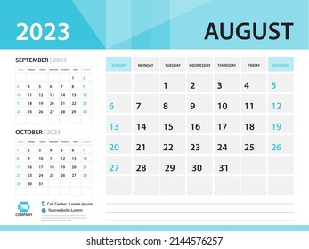 Calendar 2023 template, August 2023 year, Desk Calendar 2023 template, Week Start On Sunday, Wall calendar design, Planner layout, Stationery, Poster, printing media, Blue background vector