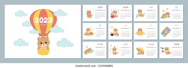 Calendar 2023 template with cute cat. Set of 12 Months calendars. Week Starts on Sunday