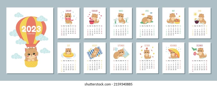 Calendar 2023 template with cute cat. Set of 12 Months calendars. Week Starts on Sunday