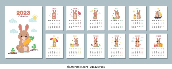 Calendar 2023 template with cute rabbit. Design of calendar with a symbol of the new year. Set of 12 Months calendars. The week starts on Monday