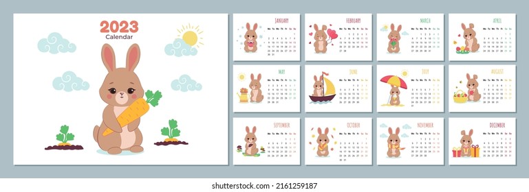 Calendar 2023 template with cute rabbit. Design of calendar with a symbol of the new year. Set of 12 Months calendars. The week starts on Monday