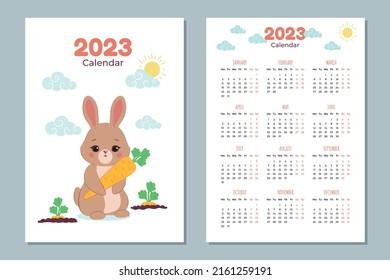 Calendar 2023 template with cute rabbit. Design of calendar with a symbol of the new year. Set of 12 Months calendars. The week starts on Monday