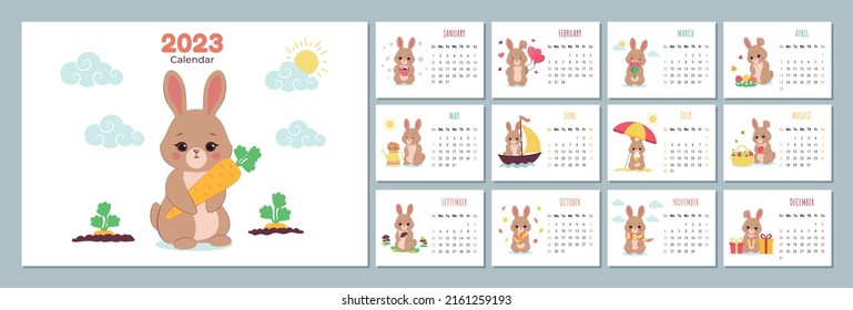 Plantilla de Calendario 2023 con conejo lindo. Diseño del calendario con un símbolo del año nuevo. Conjunto de calendarios de 12 meses. La semana empieza el domingo