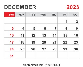 Calendar 2023 template, December 2023 layout, Printable minimalist monthly planner, Desk Calendar design, Week Start On Sunday, Business vector illustration
