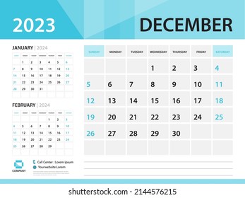 Calendar 2023 template, December 2023 year, Desk Calendar 2023 template, Week Start On Sunday, Wall calendar design, Planner layout, Stationery, Poster, printing media, Blue background vector