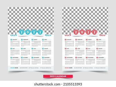 Calendar 2023 Template design. One Page Wall Calendar 2023 Corporate Company Happy New Year Monthly Planer Wall Calendar 2023 template