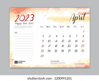 Calendar 2023 template, Desk Calendar 2023 template, April 2023, week start on sunday, Wall calendar, planner, stationery, Printing template, organizer office, Red watercolor background, vector