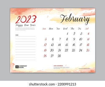 Calendar 2023 template, Desk Calendar 2023 template, February 2023, week start on sunday, Wall calendar, planner, stationery, Printing template, organizer office, Red watercolor background, vector