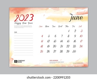 Calendar 2023 template, Desk Calendar 2023 template, June 2023, week start on sunday, Wall calendar, planner, stationery, Printing template, organizer office, Red watercolor background, vector