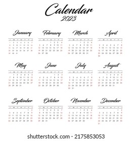 Calendar 2023 template elegant calligraphic texts  simple plain design