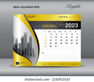 Calendar 2023 template, January 2023 template, Desk calendar 2023 year on gold backgrounds luxurious concept, Wall calendar design, planner, advertisement, printing media, vector 