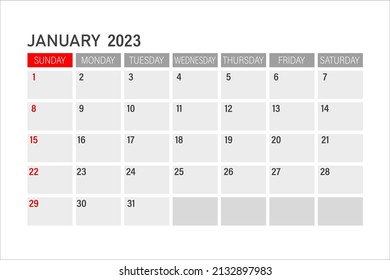 Plantilla de Calendario 2023. Distribución de enero de 2023. Planificador mensual minimalista imprimible. Diseño del calendario de escritorio. La Semana Comienza El Domingo.