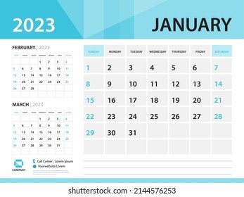 Calendar 2023 template, January 2023 year, Desk Calendar 2023 template, Week Start On Sunday, Wall calendar design, Planner layout, Stationery, Poster, printing media, Blue background vector