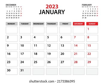 Calendar 2023 template, January 2023 year, planner template, monthly and yearly planners, week start monday, wall calendar design, corporate planner, Desk calendar 2023, printing, vector