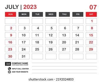 Calendar 2023 template, July 2023 layout, Desk calendar 2023 year, Wall calendar design, Week starts on sunday, Planner, Printing media, poster, organizer, advertisement, Red background, vector