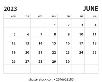 Calendar 2023 template - June 2023 vector on white background, week start on monday, Desk calendar 2023 year, Wall calendar design, corporate planner template, clean style, horizontal template