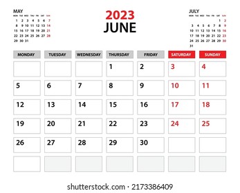 Kalendervorlage 2023, Juni 2023, Planervorlage, Monatsplaner und Jahresplaner, Montag- und Wochentag, Wandkalender-Design, Firmenplaner, Schreibtischkalender 2023, Druck, Vektorgrafik