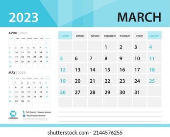 Plantilla Calendario 2023, marzo de 2023 año, plantilla Calendario de trabajo 2023, Inicio de semana el domingo, diseño del calendario de pared, diseño del planificador, galería de anuncios, medios de impresión, vector de fondo azul
