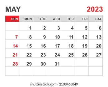 Plantilla Calendario 2023, diseño de mayo de 2023, Planner mensual imprimible, diseño de calendario de escritorio, Inicio de semana el domingo, ilustración de vector de negocios
