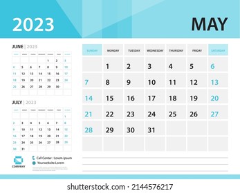 Calendar 2023 template, May 2023 year, Desk Calendar 2023 template, Week Start On Sunday, Wall calendar design, Planner layout, Stationery, Poster, printing media, Blue background vector