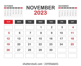 Calendar 2023 template minimal style, November 2023 template, Desk calendar 2023 year, Wall calendar, Week starts on sunday, Planner, Printing media, poster, advertisement, Red background vector