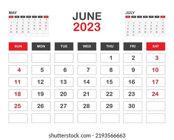 Calendar 2023 template minimal style, June 2023 template, Desk calendar 2023 year, Wall calendar, Week starts on sunday, Planner, Printing media, poster, advertisement, Red background vector