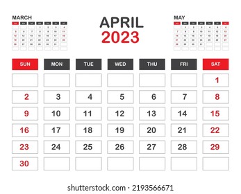 Calendar 2023 template minimal style, April 2023 template, Desk calendar 2023 year, Wall calendar, Week starts on sunday, Planner, Printing media, poster, advertisement, Red background vector